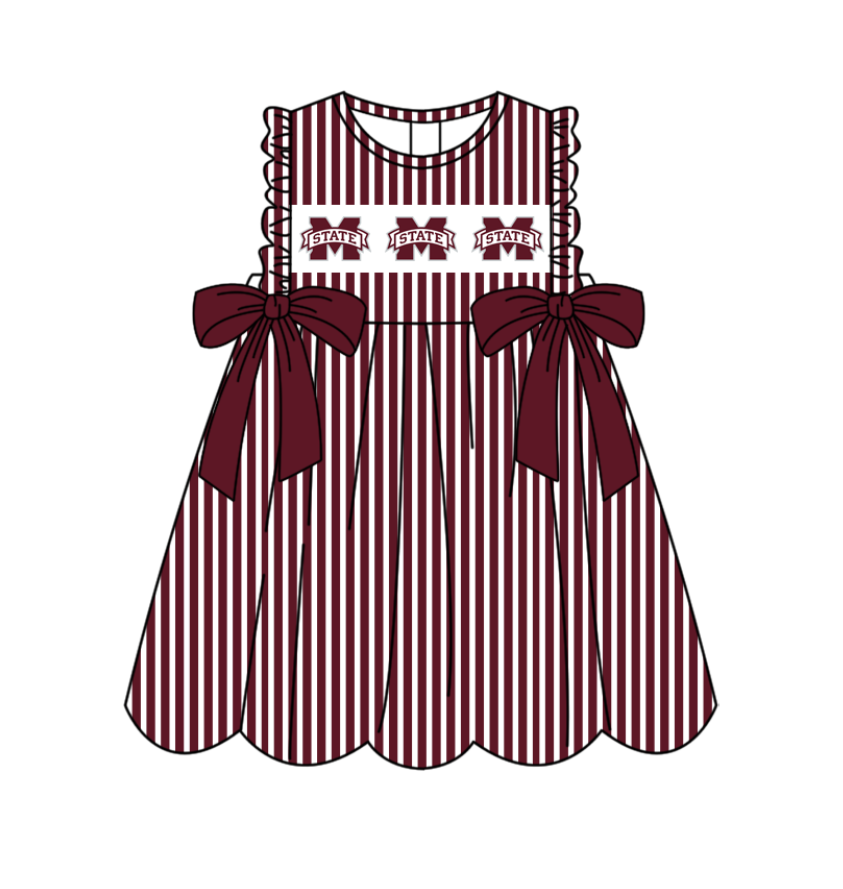 Preorder (moq 5)Baby Girls Sleeveless Dark Red Stripe M State Bows Team Knee Length Dresses