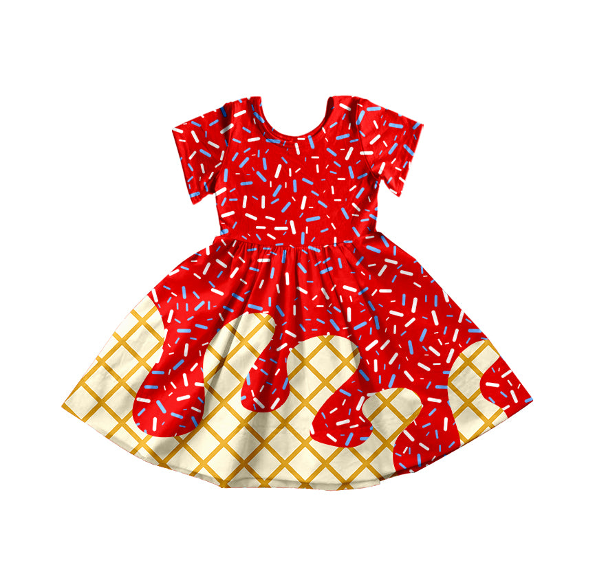 Preorder moq 5 Baby Girls Red Ice Cream Drips Sprinkles Knee Length Dresses