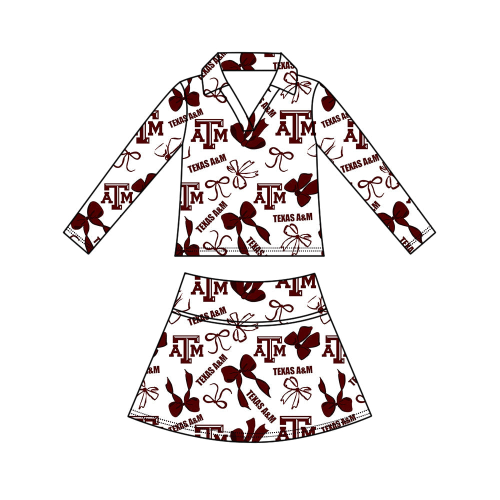 Preorder (moq 5)Baby Girls Bows Texas A&M Top Skirt Short Team Clothes Set