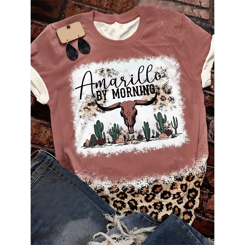 Preorder moq 5 Adult Women Western Morning Cow Bleached Tee Shirts Tops