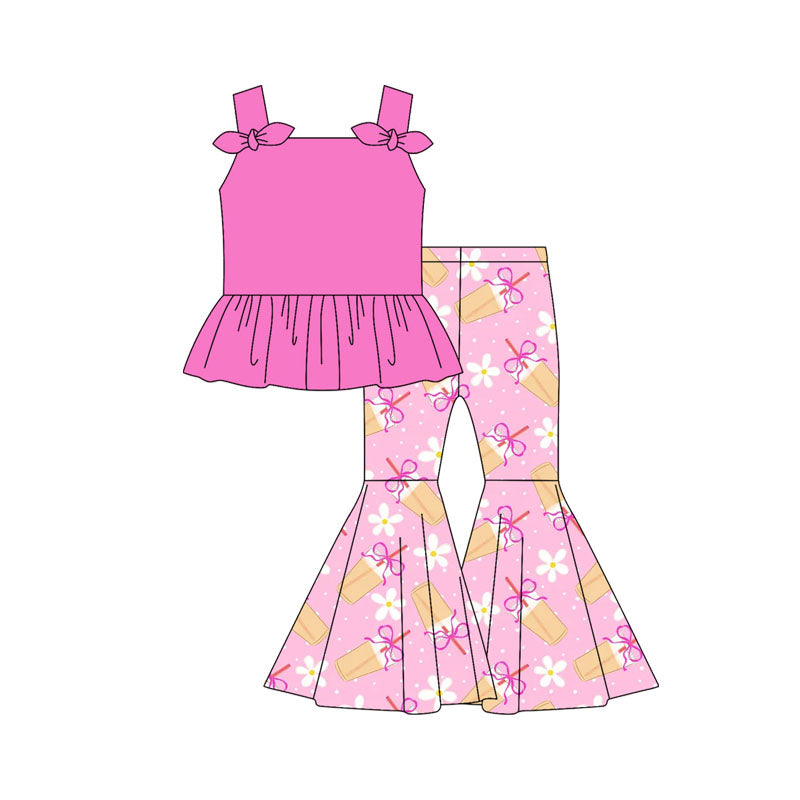 Preorder moq 5 Baby Girls Hot Pink Strap Bows Tunic Flowers Bows Juice Bell Bottom Pants Set