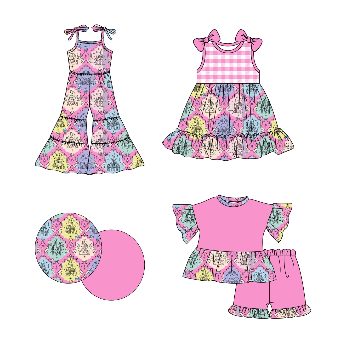 Preorder moq 5 Custom Baby Girls Pink Short Ruffle Castles Tunic Short Sets Strap Jumpsuits And Knee Length Dress