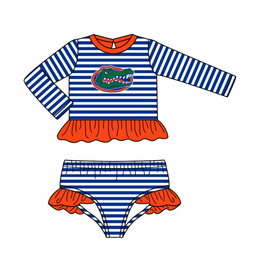Preorder moq 5 Baby Girls Blue Stripe Florida Gators Top Bummies Shorts Team Swimsuits