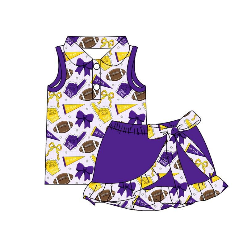 Preorder (moq 5)Baby Girls Footballs Go Team Button Top Ruffle Skirt Shorts Clothes Sets
