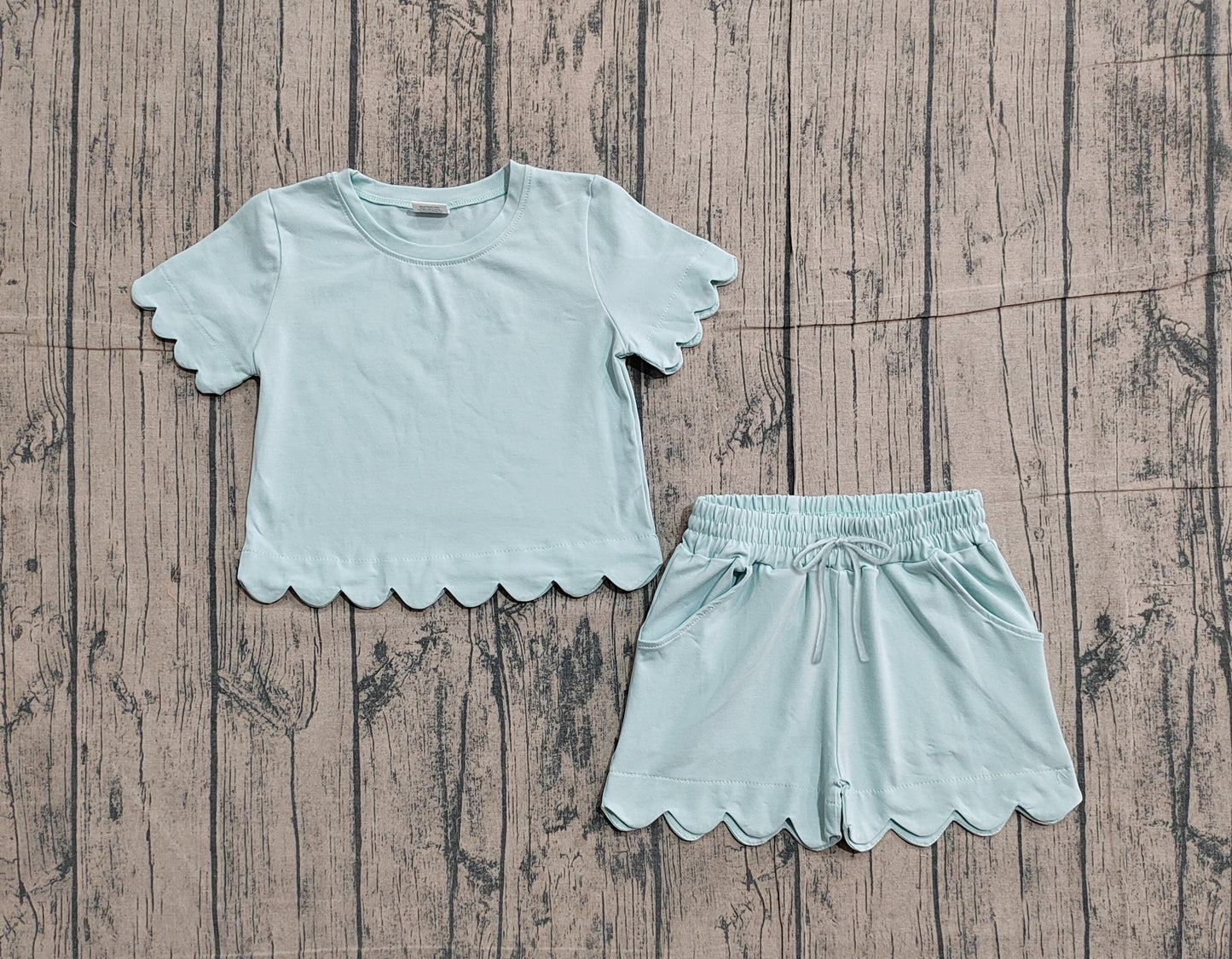 Baby Girls Light Blue Short Sleeve Top Pockets Shorts Cotton Scallop Clothes Sets