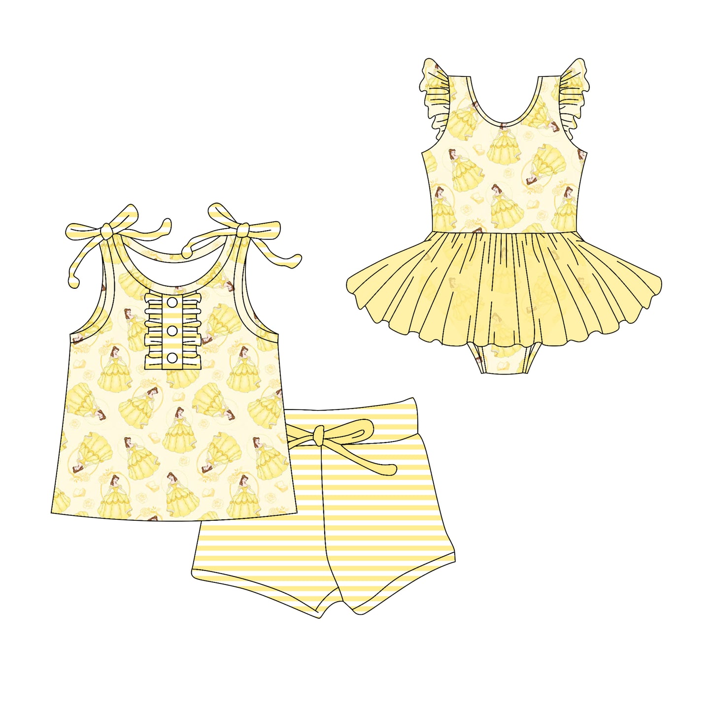 Preorder moq 5 Custom Baby Girls Yellow Strap Princess Flowers Button Top Stripe Short Set Skort Bummise Romper
