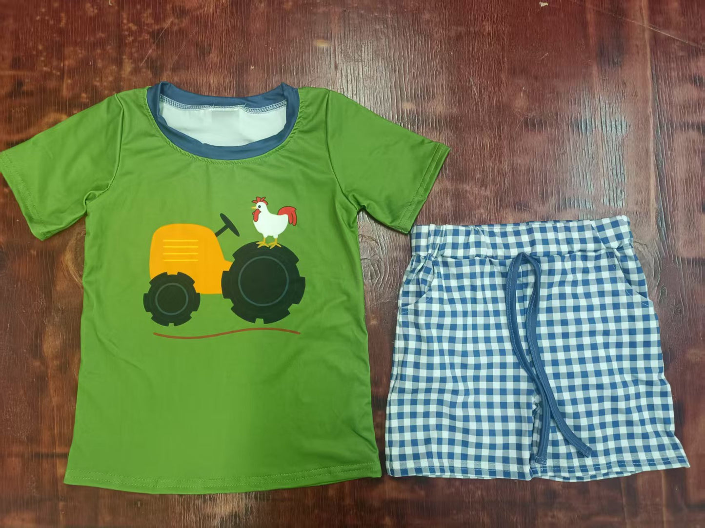 Preorder moq 5 Baby Boys Green Short Sleeves Truck Chick Top Blue Plaid Pockets Short Set