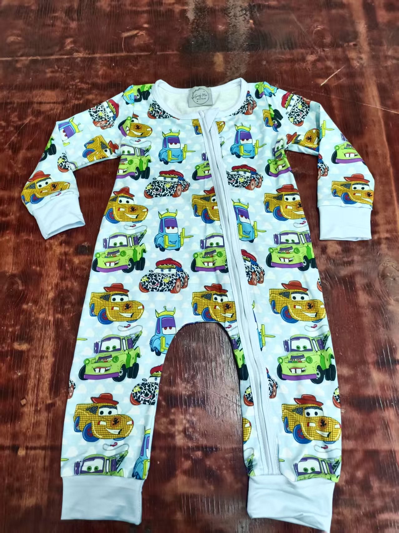 Preorder moq 5 Baby Boys Aqua Plaid Long Sleeves Cartoon Cars Zipper Pant Rompers