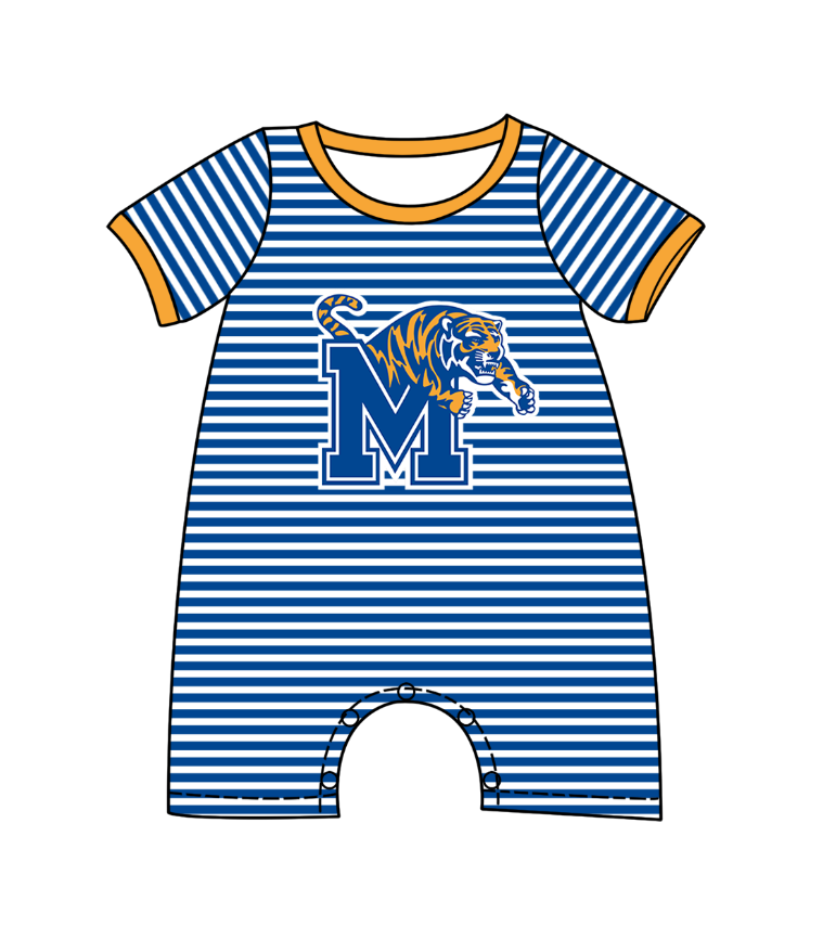 preorder(moq 5) Baby Boys Short Sleeve Blue Stripe M Tiger Team Rompers