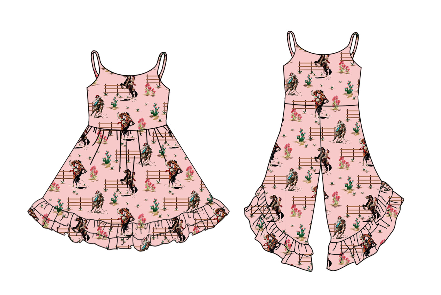 Preorder moq 5 Custom Baby Girls Pink Strap Horse Rodeos Bell Bottom Ruffle Jumpsuits Knee Length Dresses