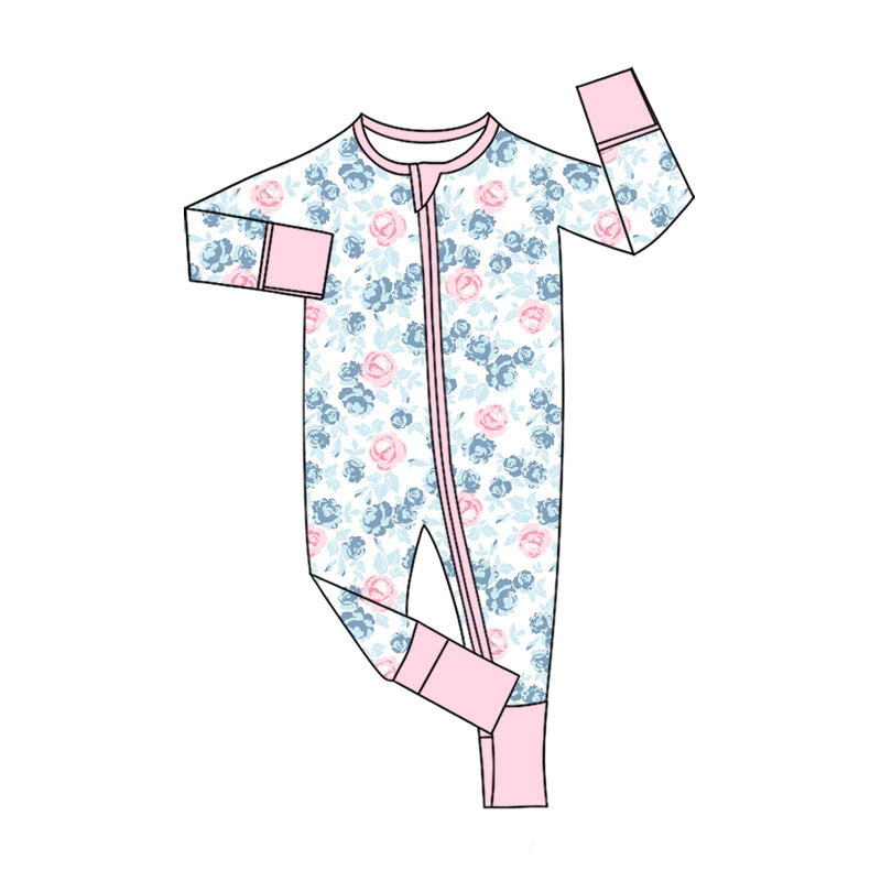 Preorder (moq 20)Baby Girls Bamboo Blue Pink Floral Zipper Footie Rompers