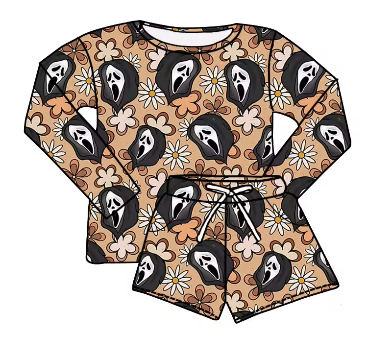 Baby Girls Halloween Ghost Flowers Shirt Top Shorts Clothes Sets Preorder(moq 5)