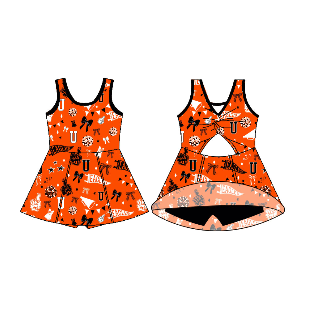 Preorder (moq 5)Baby Girls Sleeveless Orange U Eagles Bows Shorts Team Dresses