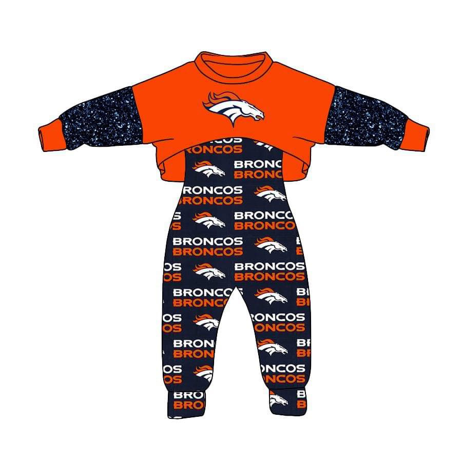 Preorder moq 5 Baby Girls Team Broncos Top Jumpsuits 2pcs Clothes Sets