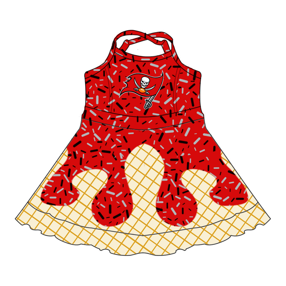 Preorder (moq 5)Baby Girls Drip Sprinkles Tampa Bay Bucs Team Shorts Ruffle Knee Length Dress