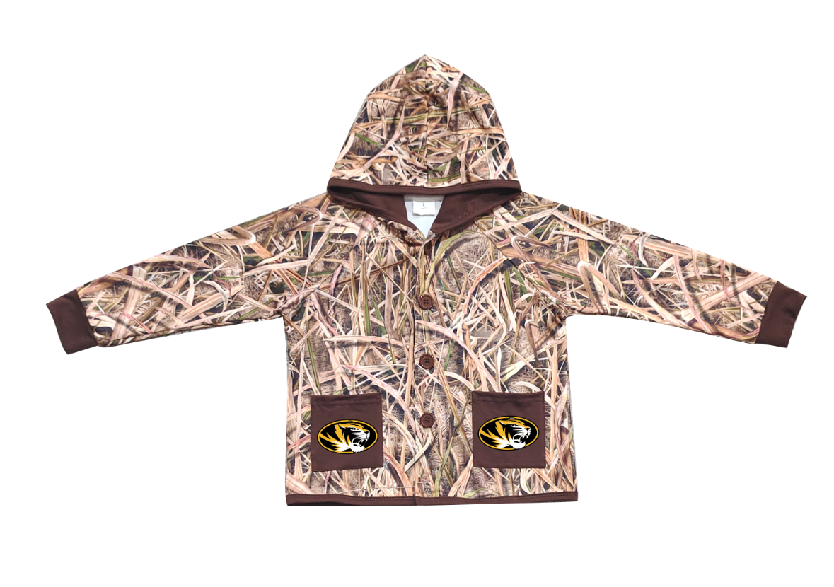 Preorder (moq 5)Baby Boys Khaki Leaves Camo Tigers Pockets Team Button Hoodie Jackets Top
