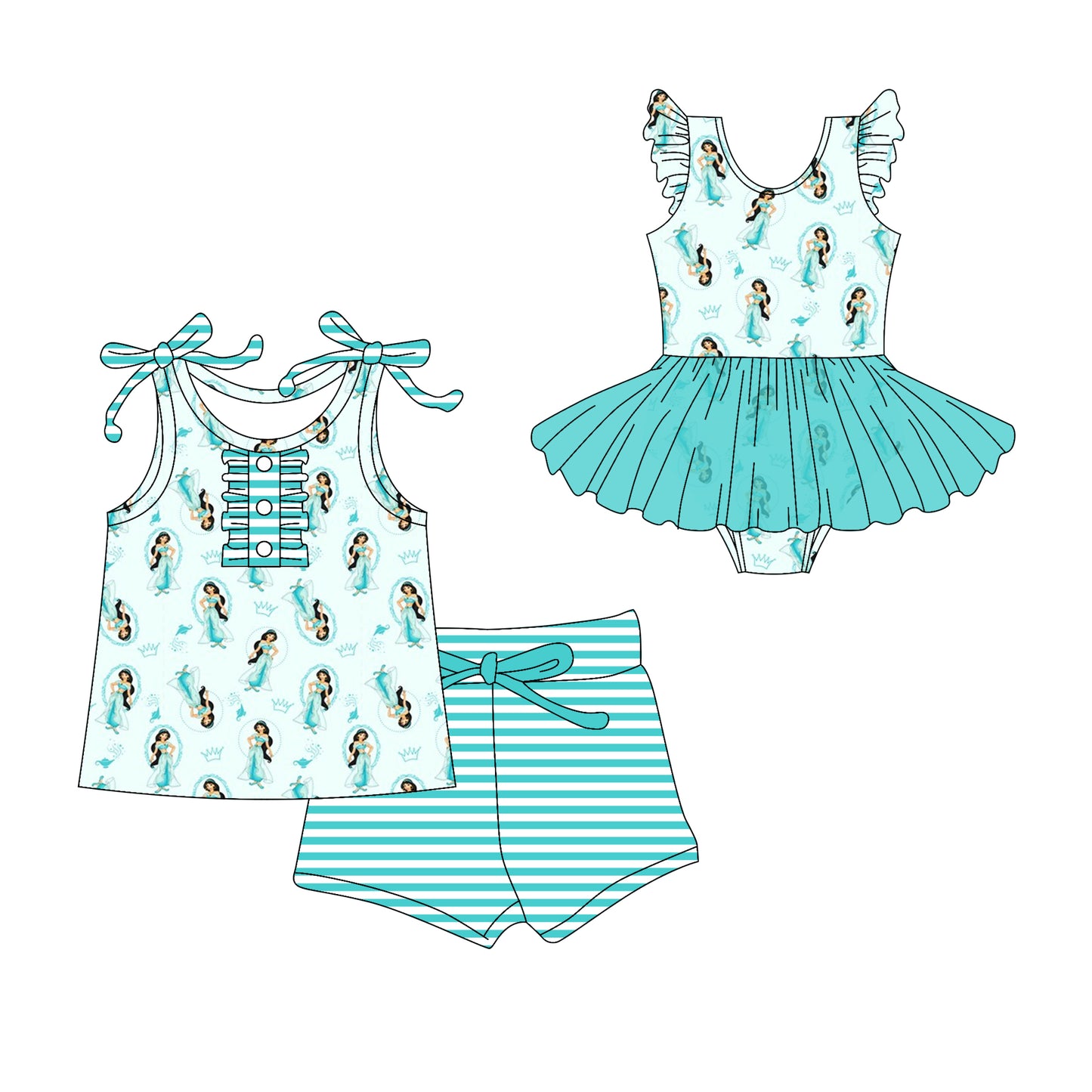 Preorder moq 5 Custom Baby Girls Blue Strap Princess Flowers Button Top Stripe Short Set Skort Bummise Romper