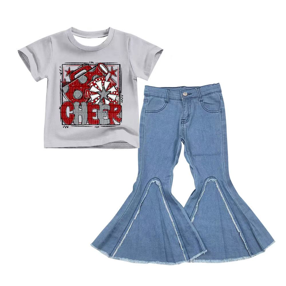preorder(moq 5) Baby Girls Red Cheer Team Tee Shirts Tops denim Bell pants sets