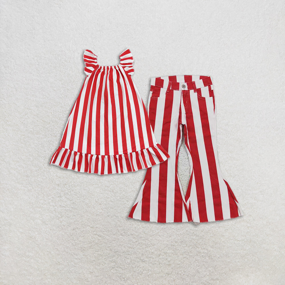 Baby Girls Red Stripe Flutter Sleeves Tunic Bell Denim Pants Clothes Sets