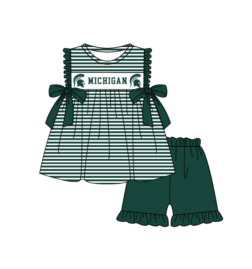 Preorder (moq 5)Baby Girls Sleeveless Green Stripe Michigan Tunic Ruffle Short Team Clothes Sets