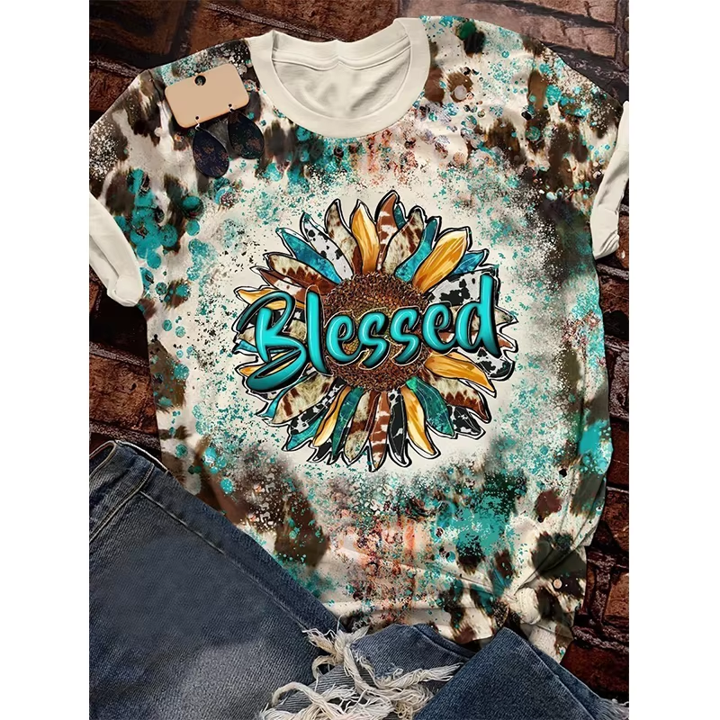 Preorder moq 5 Adult Women Western Blessed Sunflowers Bleached Tee Shirts Tops