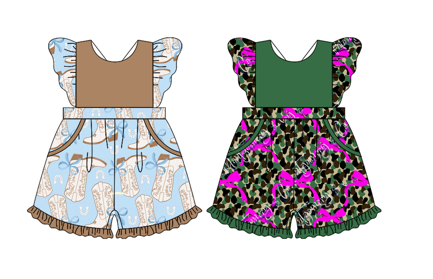 Preorder moq 5 Custom Baby Girls Flutter Sleeves Bows Boots Olive Leopard Pockets Jumpsuits