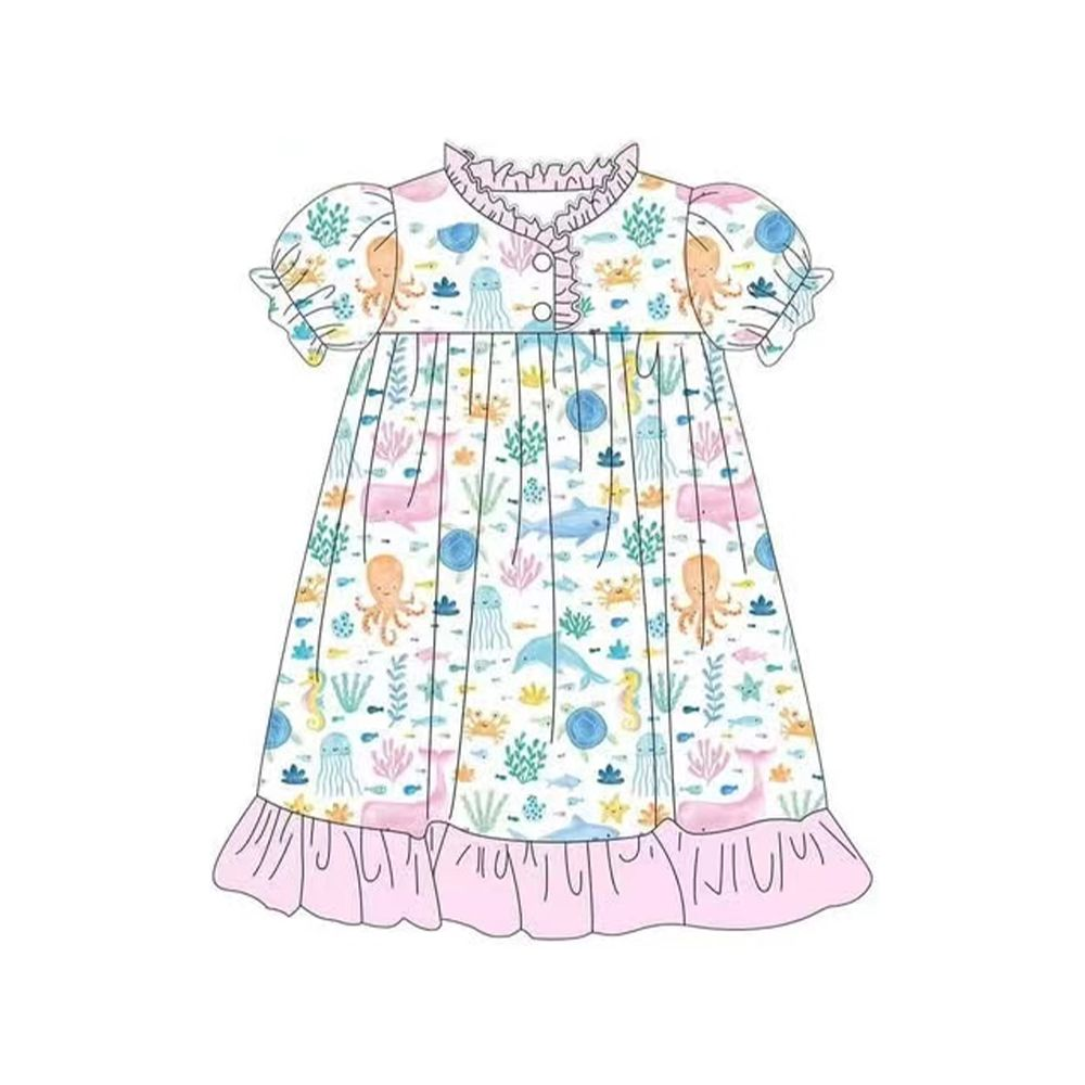 Preorder moq 5 Baby Girls Short Ruffle Sleeves Sea World Button Ruffle Knee Length Dresses