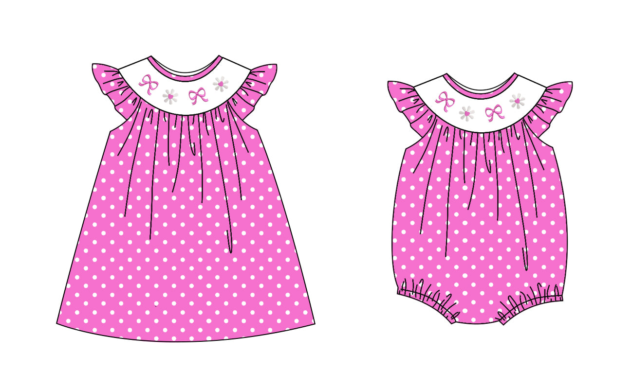 Preorder moq 5 Custom Baby Girls Hot Pink Polka Dots Flutter Sleeves Bows Knee Length Dresses Rompers