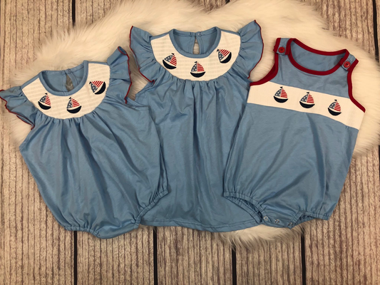 Sibling Smocked Baby Boys Girls 4th Of July Sailboats Rompers Dresses