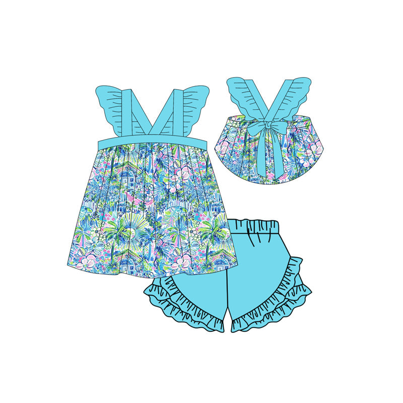 Preorder (moq 5)Baby Girls Blue Tree Leaves Bow Tunic Top Ruffle Shorts Clothes Sets