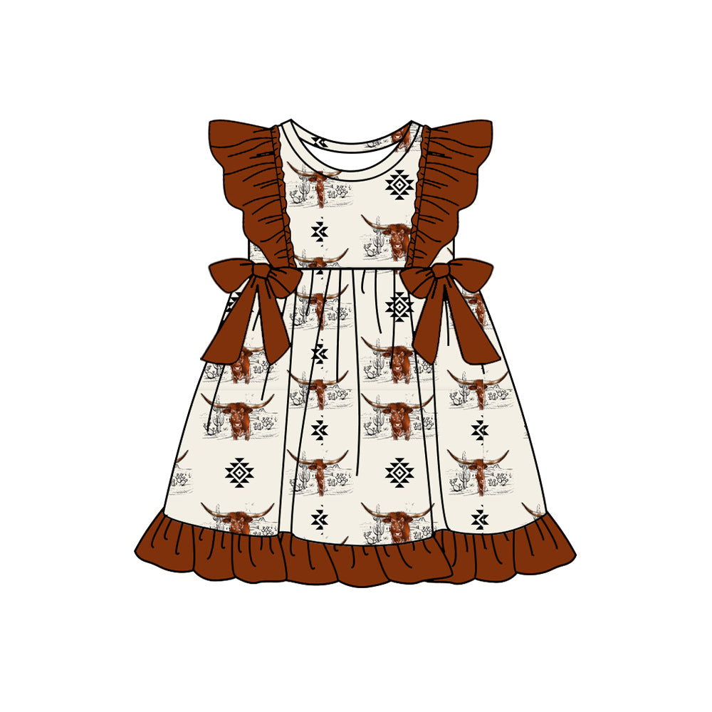 Preorder (moq 5)Baby Girls Western Cow Aztec Bows Knee Length Dresses
