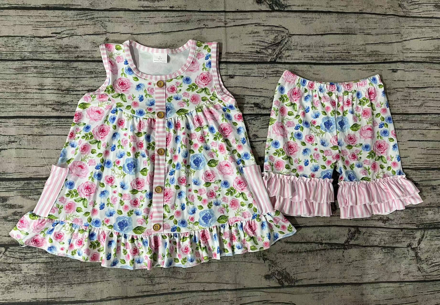 Baby Girls Pink Flowers Pockets Tunic Ruffle Shorts Clothes Sets