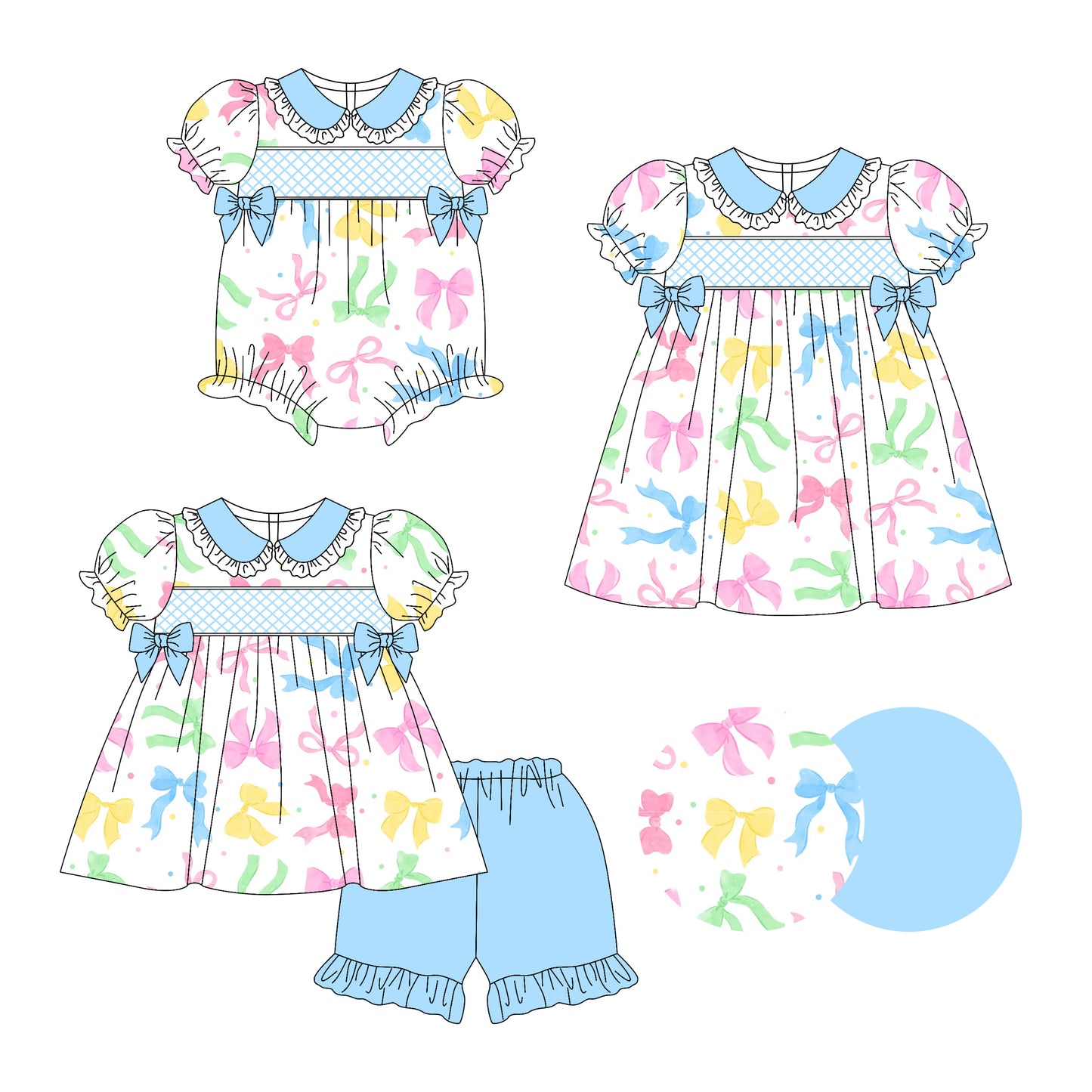 Preorder moq 5 Custom Baby Girls Short Ruffle Sleeves Colorful Bows Tunic Blue Ruffle Short Set Knee Length Dress Rompers