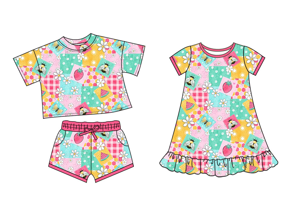 Preorder moq 5 (each item)Baby Girls Flowers Strawberry Checked Pockets Shorts Clothes Set Ruffle Dresses