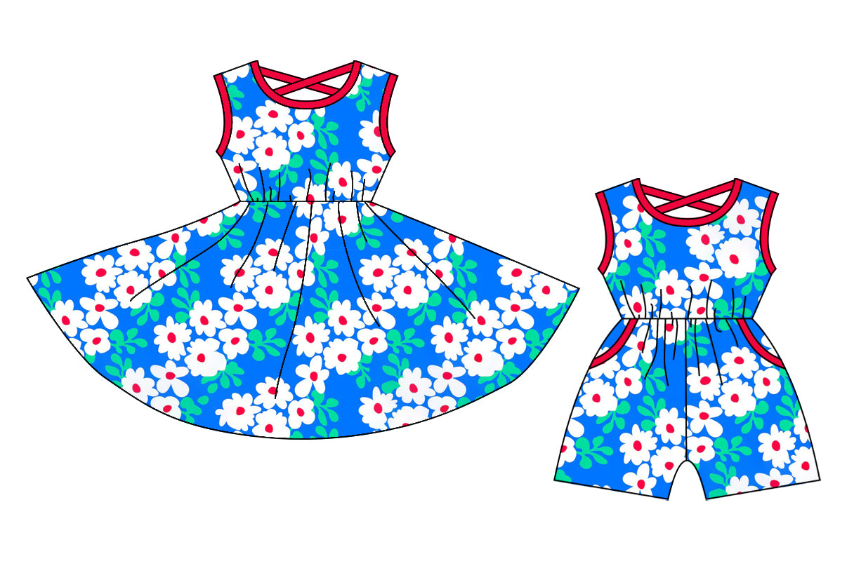 Preorder moq 5 Custom Baby Girls Sleeveless Flowers Knee Length Dress Pockets Jumpsuits