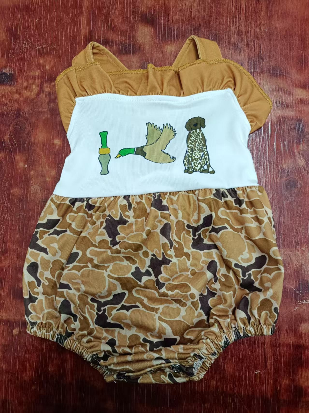 Preorder moq 5 Baby Girls Khaki Strap Dogs Duck Calls Camo Ruffle Rompers