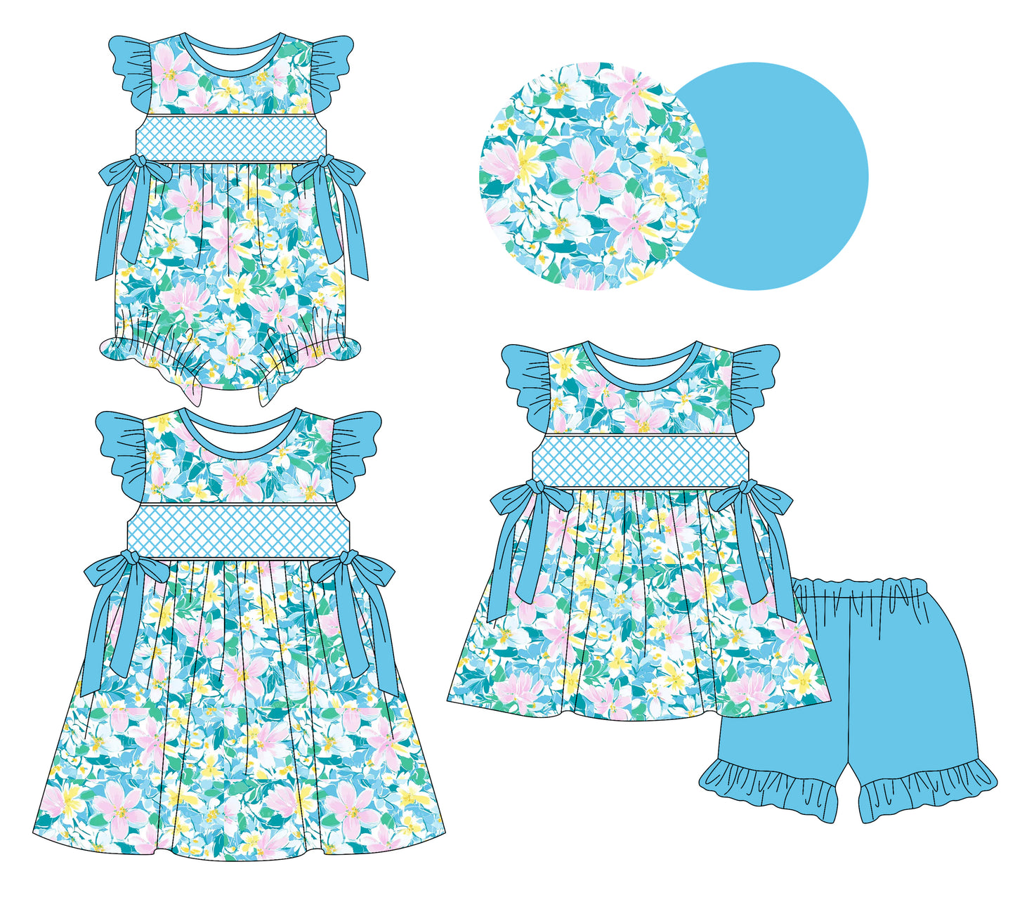 Preorder moq 5 Custom Baby Girls Blue Colorful Floral Tunic Ruffle Short Set Knee Length Dress And Rompers