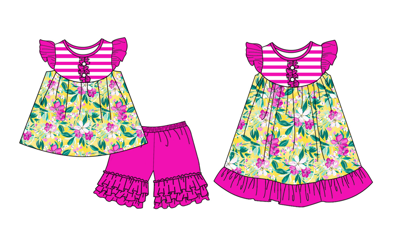 Preorder moq 5 Custom Baby Girls Hot Pink Flutter Sleeves Button Floral Tunic Ruffle Short Set Knee Length Dress