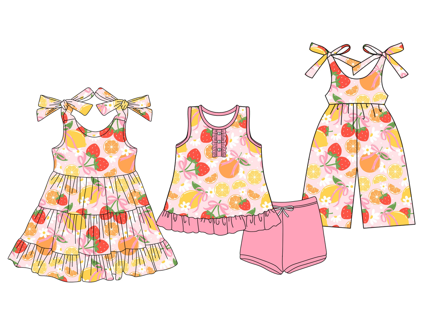 Preorder moq 5 Custom Baby Girls Strawberry Lemon Button Tunic Pink Short Set Knee Length Dress Jumpsuits