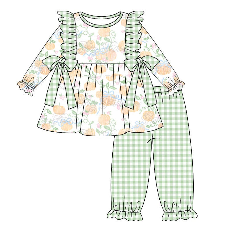 Baby Girls Green Pumpkin Bows Tunic Ruffle Pants Clothes Sets Preorder(moq 5)