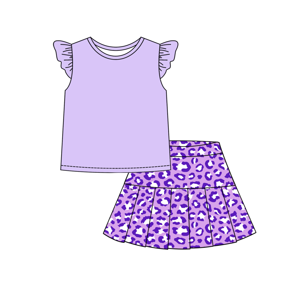 Preorder (moq 5)Baby Girls Lavender Flutter Sleeves Top Leopard Skirt Set