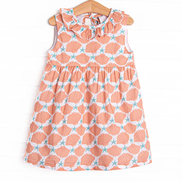 Preorder moq 5 Baby Girls Peach Sleeveless Starfishes Shell Knee Length Dresses