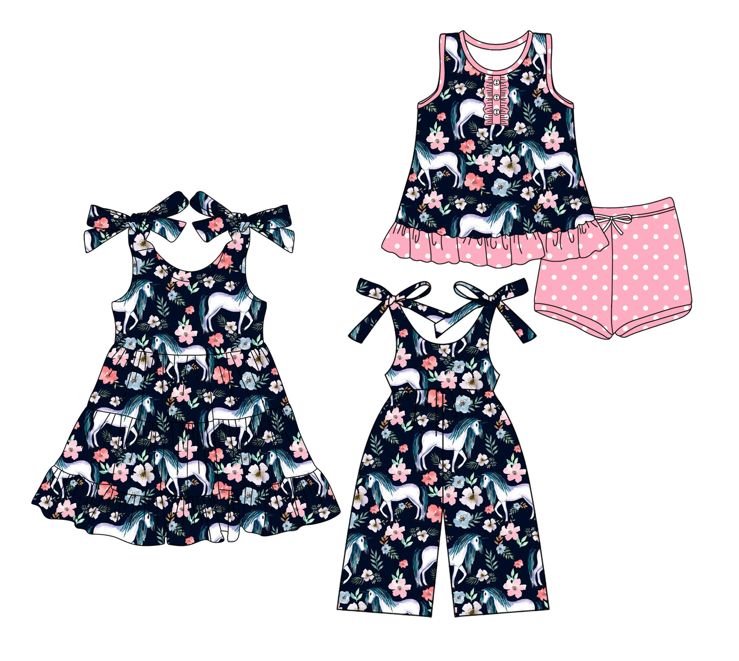 Preorder moq 5 Custom Baby Girls Floral Horses Button Tunic Pink Polka Dots Short Set Knee Length Dress Jumpsuits