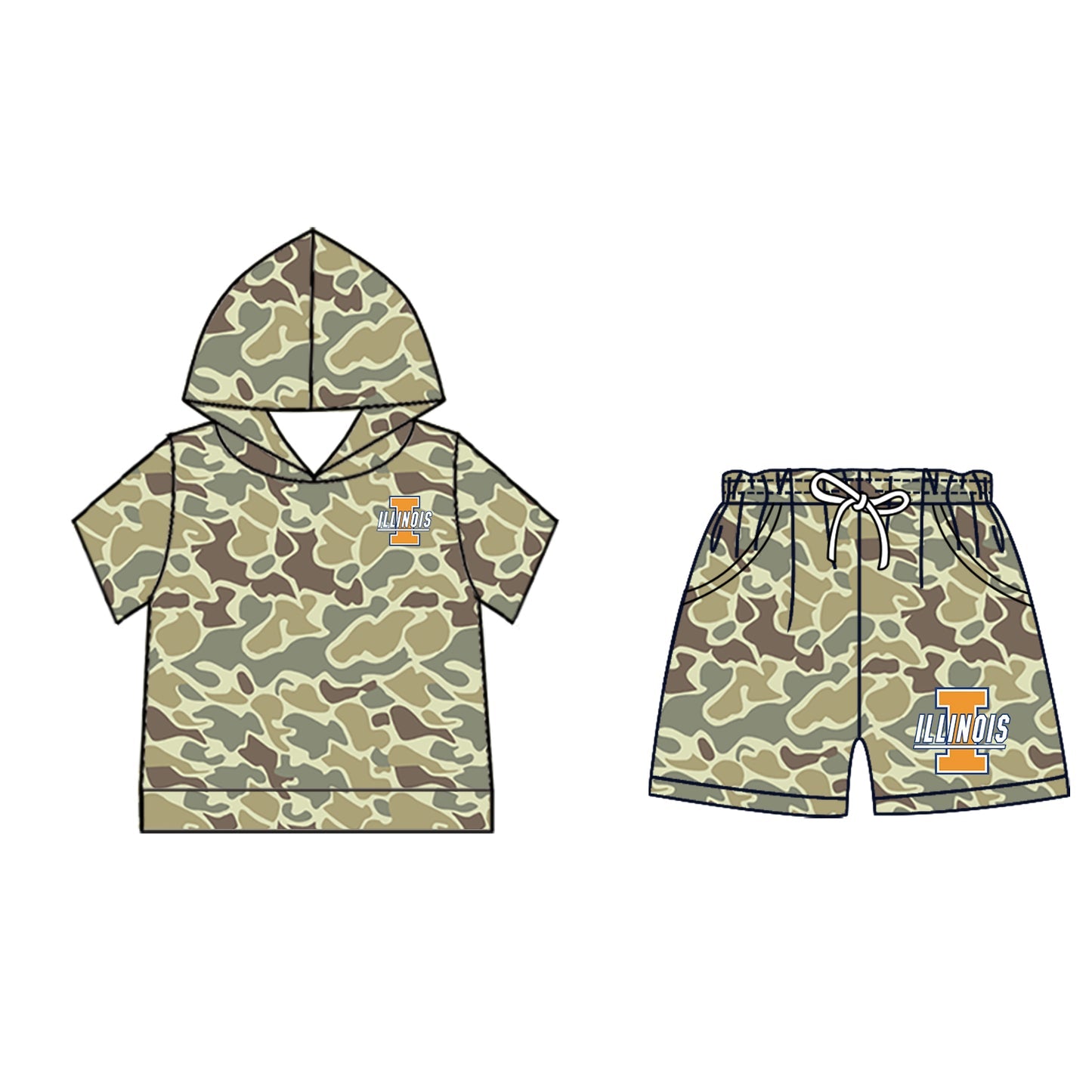 Preorder (moq 5)Baby Boys Khaki Camo Illinois Hoodie Pockets Short Team Clothes Set