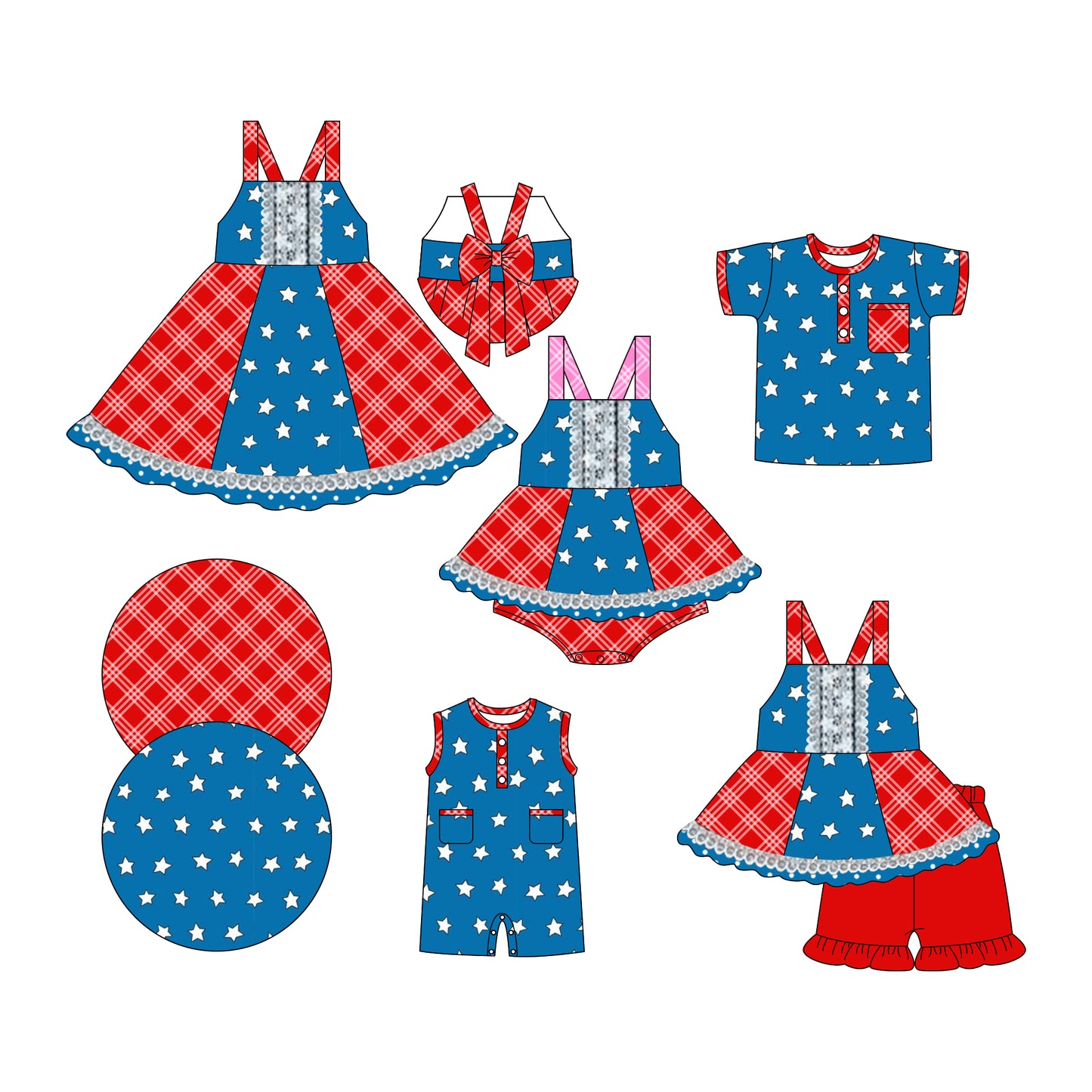 Preorder moq 5 Custom Baby Kids Strap Blue Red Stars Plaid Tunic Ruffle Short 4th Of July Set Button Pocket Polo Shirts Rompers Knee Length Dress And Bummies Set