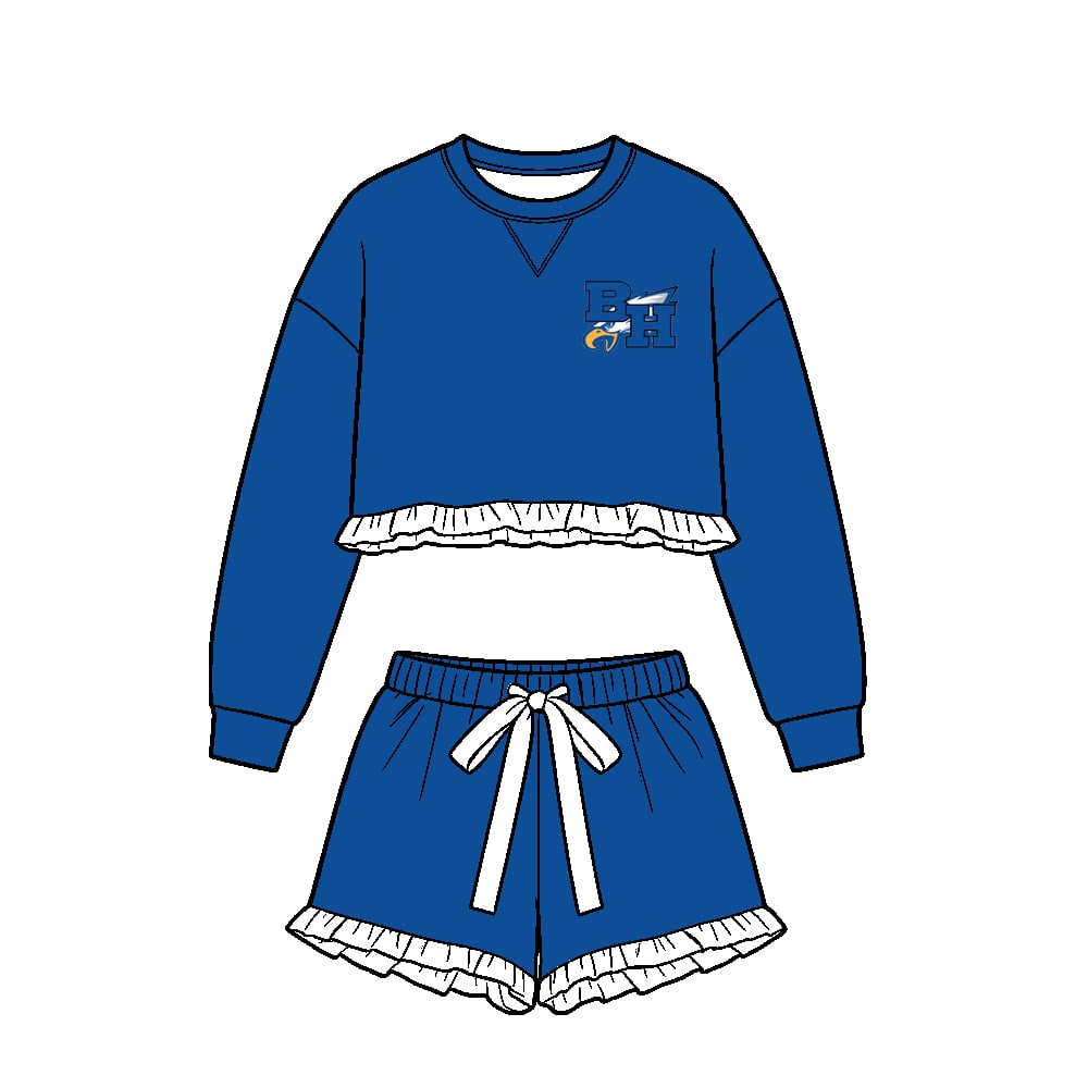 Preorder (moq 5)Baby Girls BH Eagles Long Sleeve Top Ruffle Short Team Clothes Set