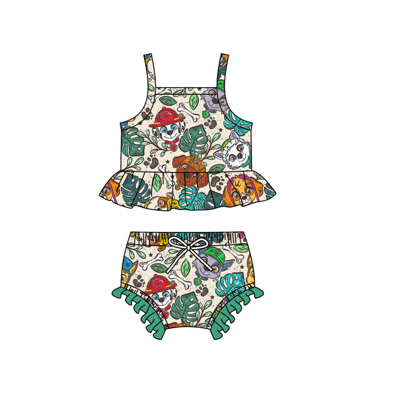 Preorder (moq 5)Baby Girls Green Dogs Straps Top Two Pieces Swimsuits