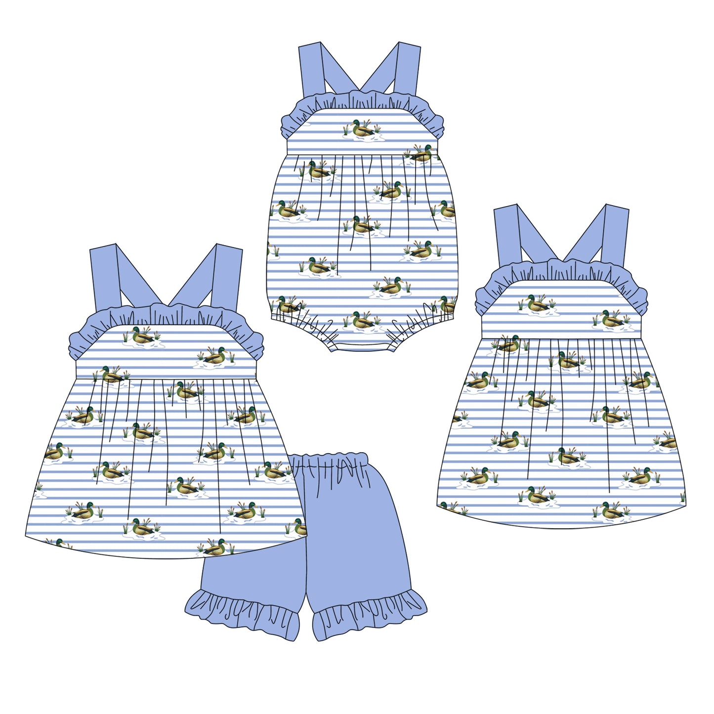 Preorder moq 5 Custom Baby Girls Blue Strap Ducks Stripe Tunic Ruffle Short Sets Knee Length Dress Rompers