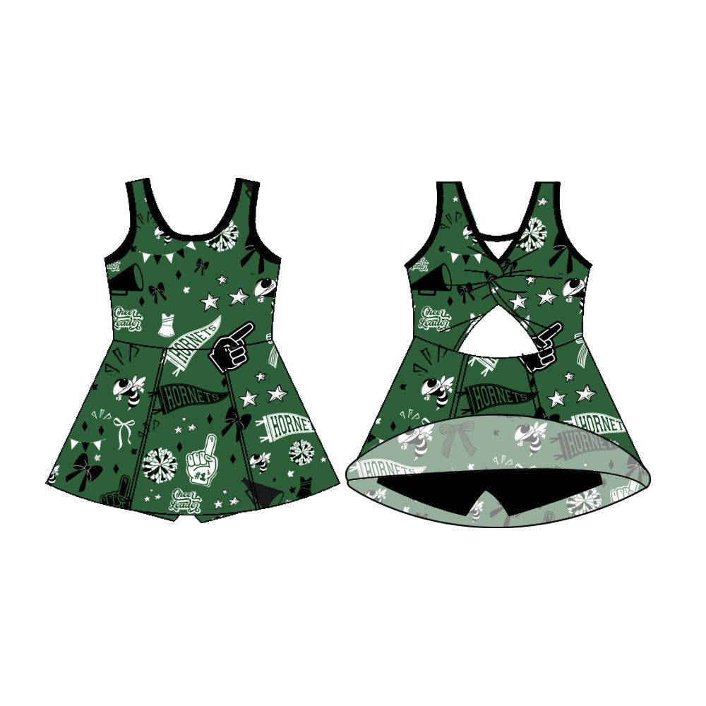 Preorder (moq 5)Baby Girls Sleeveless Green Hornets Bows Shorts Team Dresses