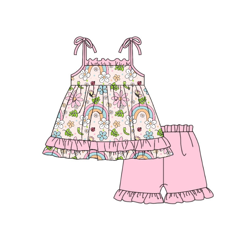 Baby Girls Pink Rainbow Flowers Straps Tunic Ruffle Shorts Clothing Sets Preorder(moq 5)